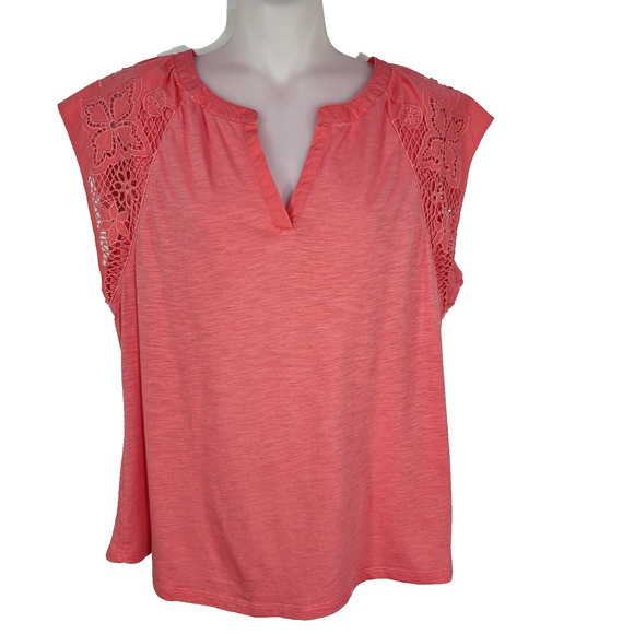 Talbots Womens Embroidered Sleeve Split Neck Tee Short Cap Modal Cotton Petite L - Picture 1 of 8